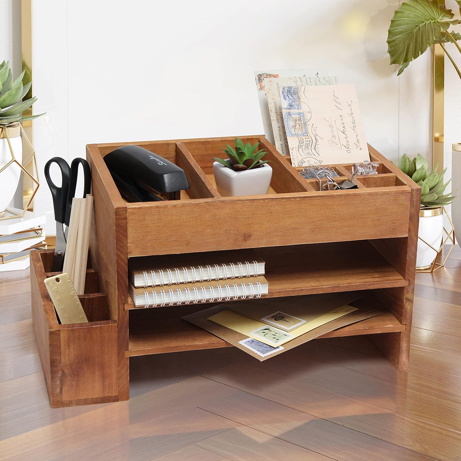 Elegant Designs Home Office Wood Tiered Desk Organizer with Storage Cubbies and Letter Tray