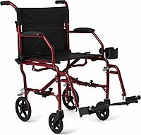 Medline Ultra Lightweight Transport Wheelchair for Adults, Foldable, 19-Inch Seat Width, Red Frame, Black Upholstery Red Wheelchair