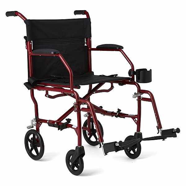 Medline Ultra Lightweight Transport Wheelchair for Adults, Foldable, 19-Inch Seat Width, Red Frame, Black Upholstery Red Wheelchair