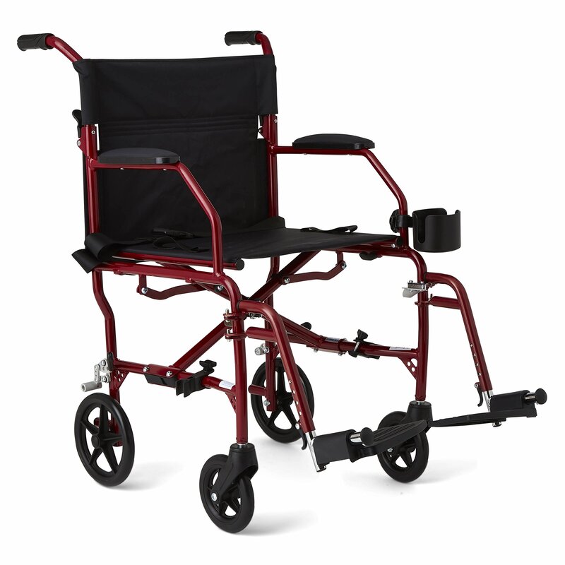 Medline Ultra Lightweight Transport Wheelchair for Adults, Foldable, 19-Inch Seat Width, Red Frame, Black Upholstery Red Wheelchair