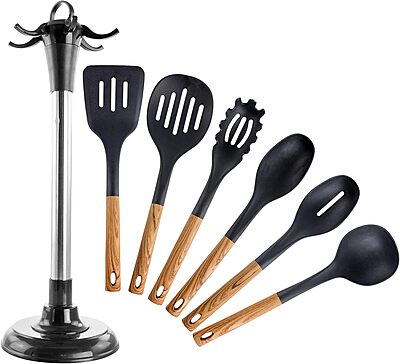 Megachef Nylon Tool Cookware Utensil Set, 7 Piece, Black and Wood Texture