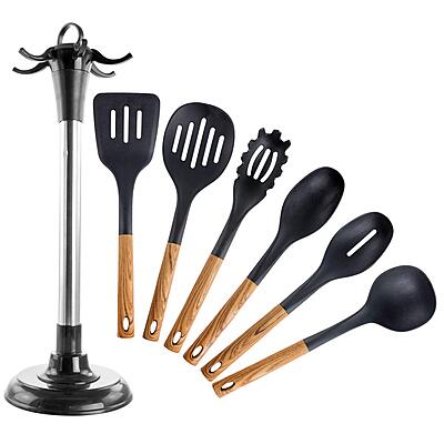 Megachef Nylon Tool Cookware Utensil Set, 7 Piece, Black and Wood Texture
