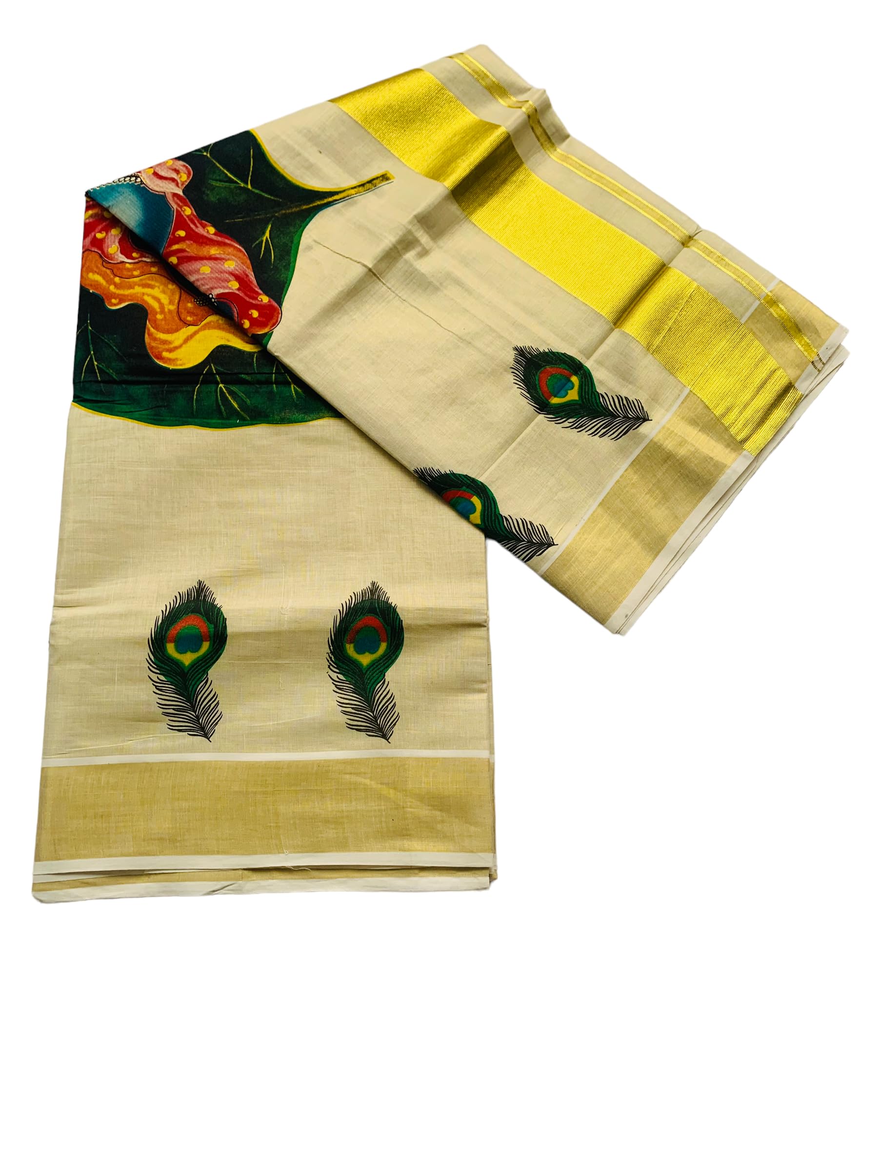 Kuthampully Kerala Kasavu Saree Tissue Mural Painted | Traditional South Indian Saree | Onam Saree - Multicolor KTM-714