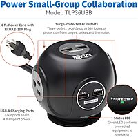 Tripp Lite Surge Protector 3-Outlet Spherical Surge Protector, 4 USB Ports (4.8A Shared) - 6-ft. (1.83 m) Cord, 5-15P Plug