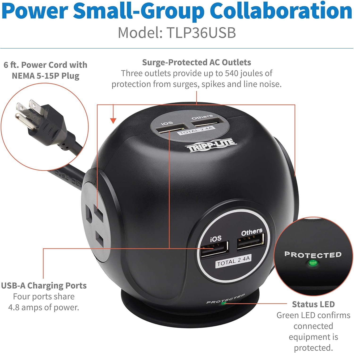 Tripp Lite Surge Protector 3-Outlet Spherical Surge Protector, 4 USB Ports (4.8A Shared) - 6-ft. (1.83 m) Cord, 5-15P Plug