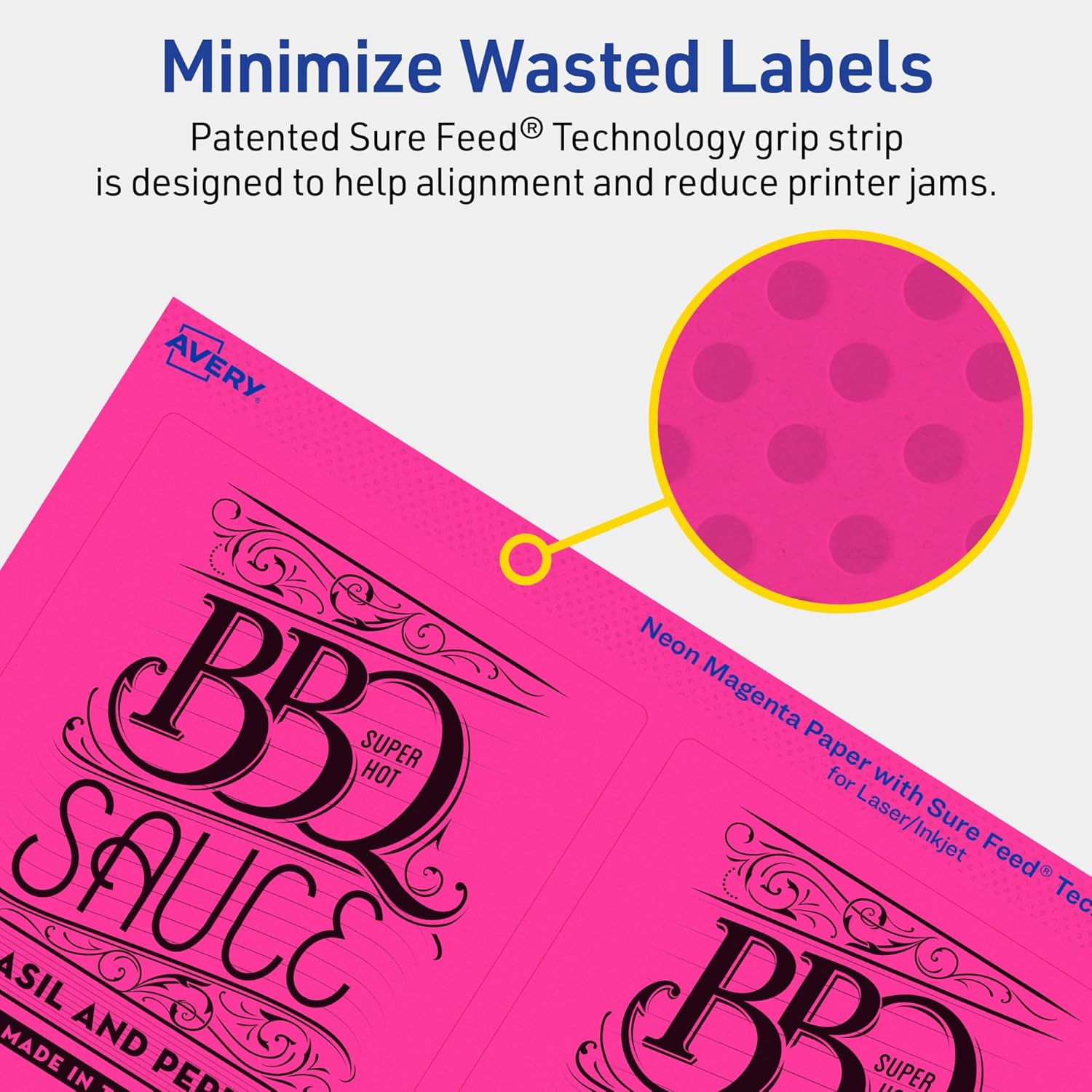Avery Printable Rectangle Labels, Sure Feed Technology, 4-3/4" x 3-3/4", Neon Magenta, Print-to-The-Edge
