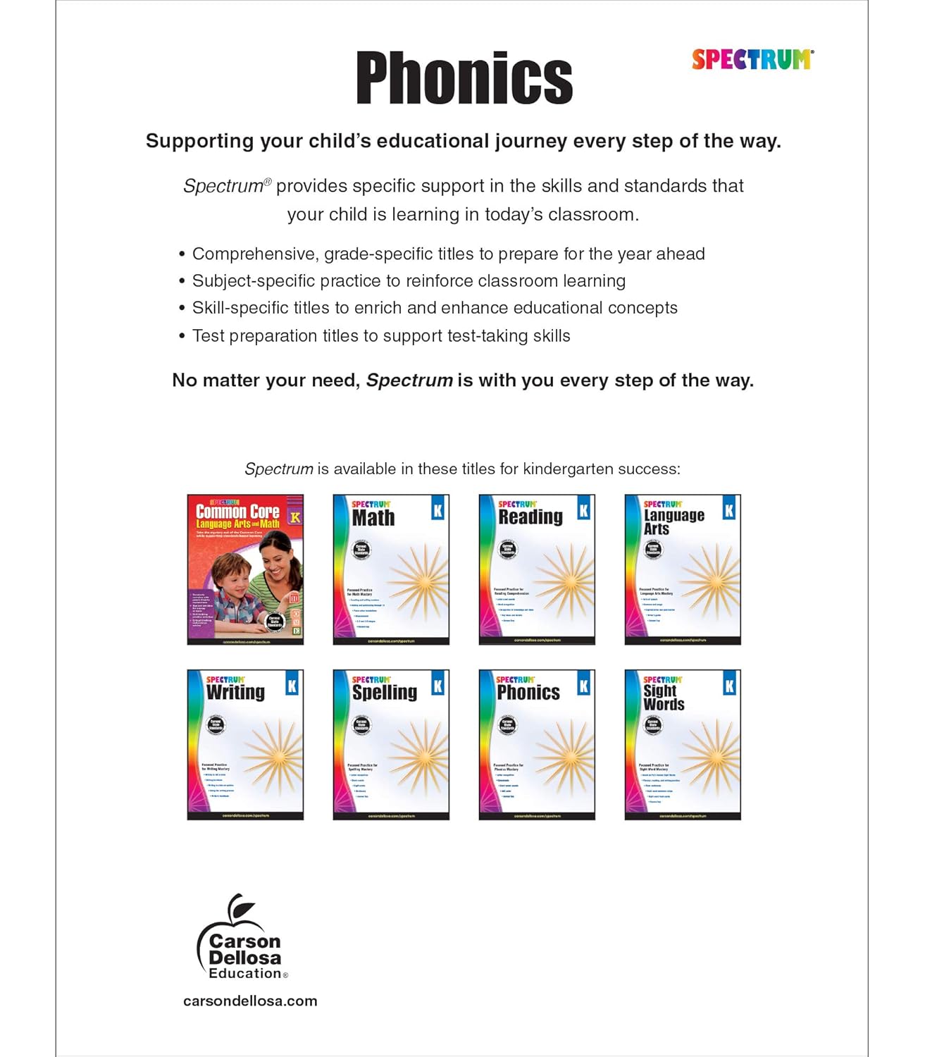 Spectrum Kindergarten Phonics Workbook, Ages 5 to 6, Kindergarten Phonics Workbooks, Letter Recognition, Alphabet Order