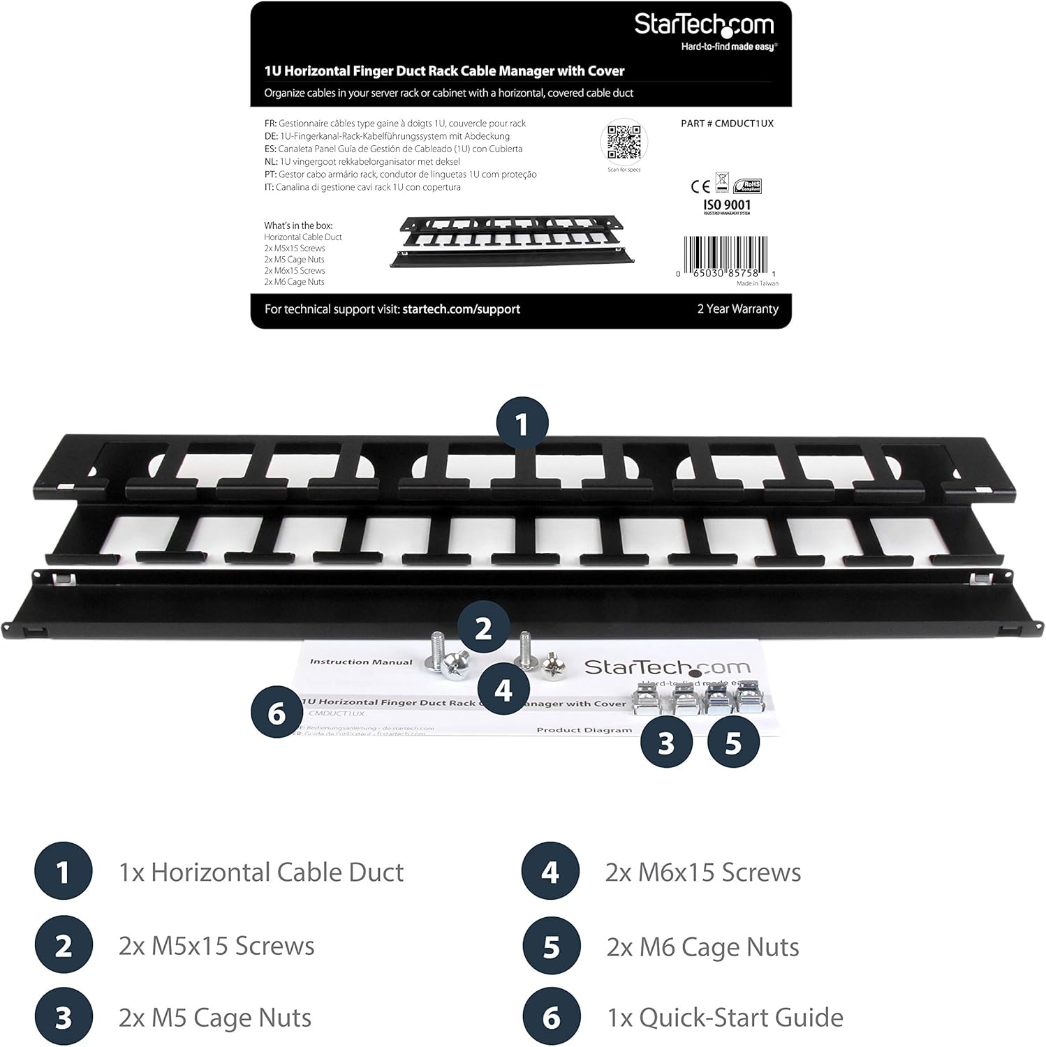 StarTech.com 1U 19" Rack Cable Management Panel