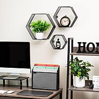 Mind Reader Hexagon Floating Shelves, Wall Decor, Honeycomb Accent Shelf, Office, Metal Mesh, 14" L x 4" W x 12" H, Set of 3