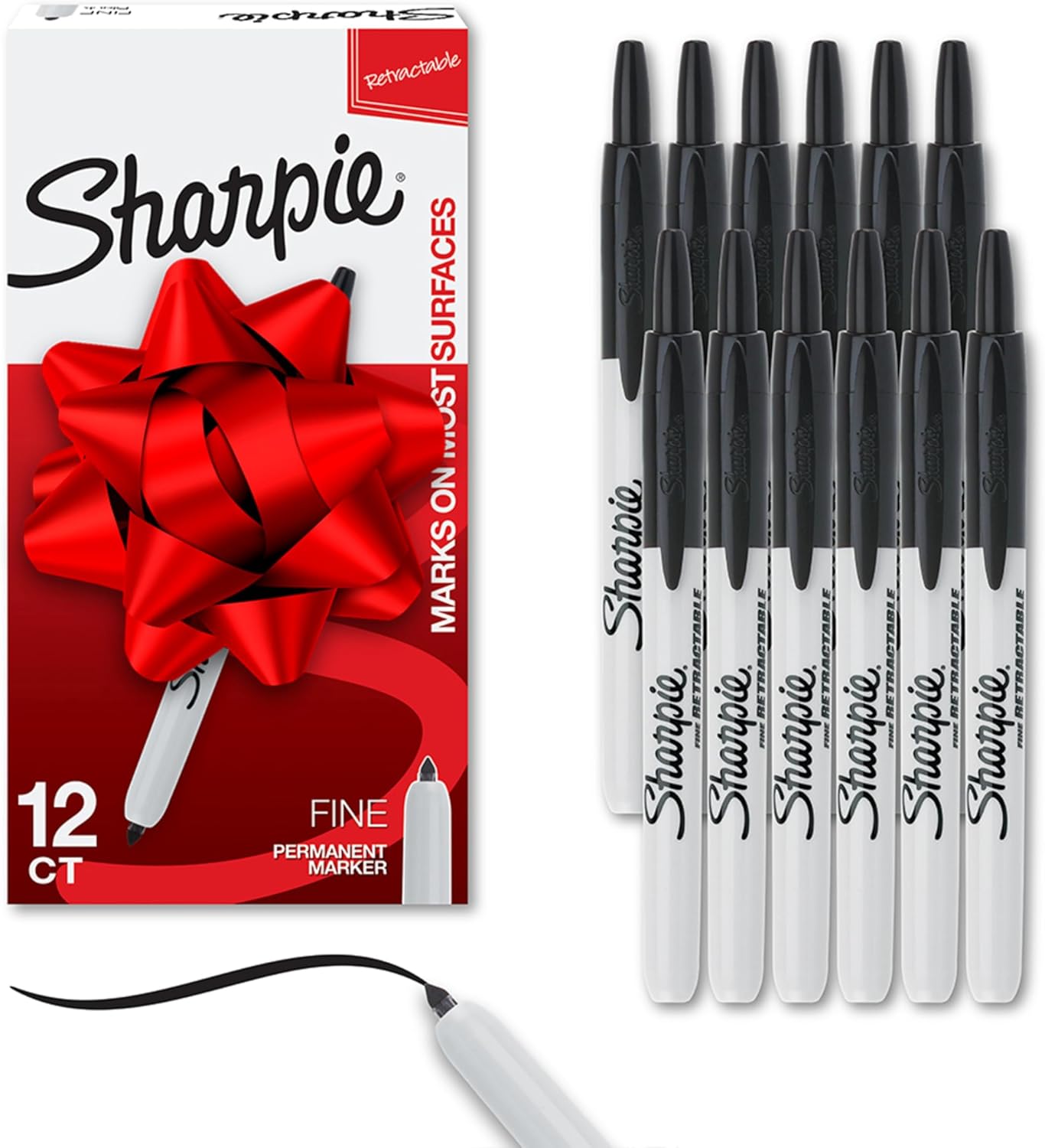 Sharpie Retractable Permanent Markers, Fine Point, Black, Box Of 12