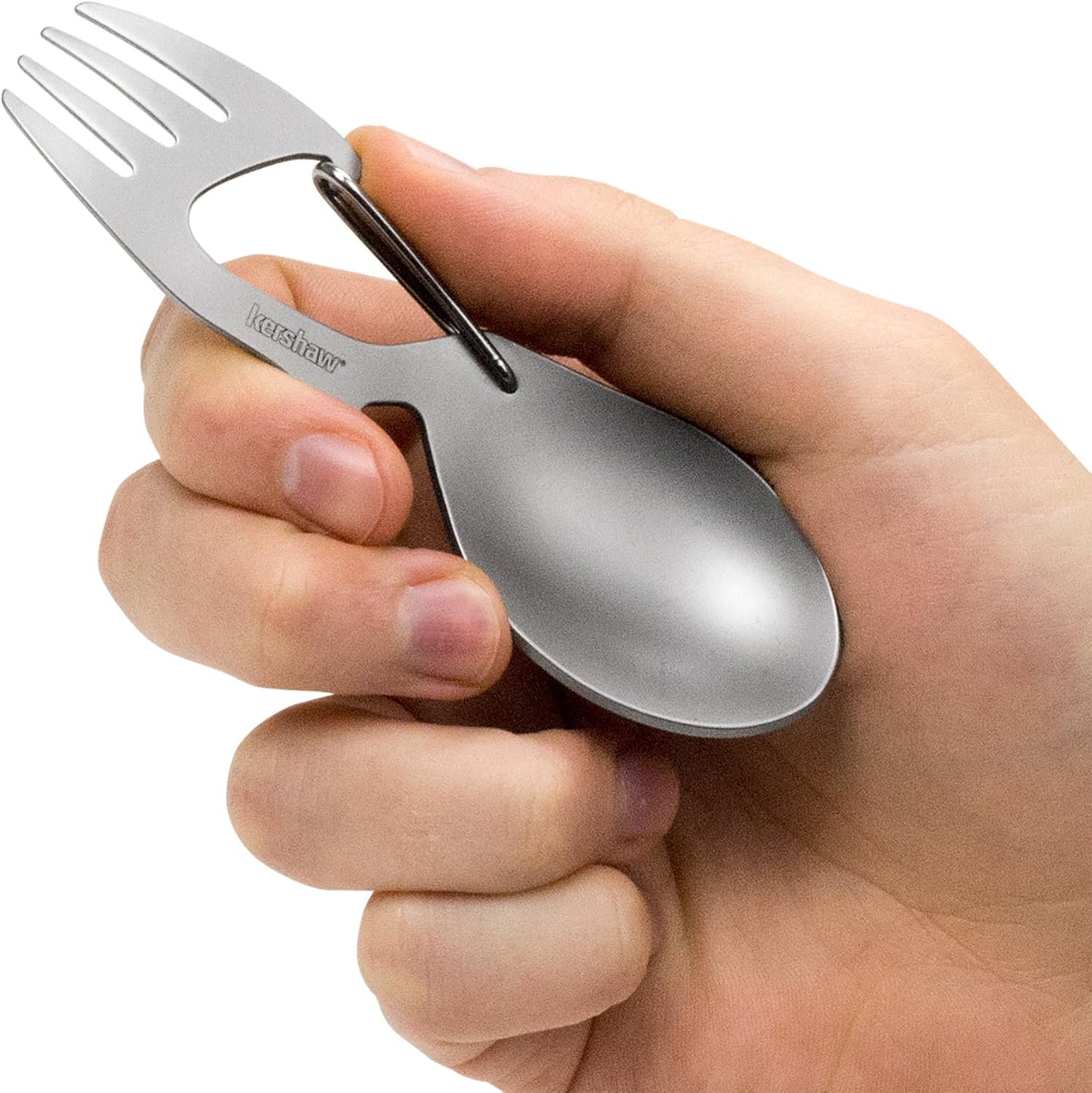 Kershaw Ration Multi Tool Spork, Stainless Steel Spoon, Fork, Carabiner and Bottle Opener, Regular and XL Sizes Silver