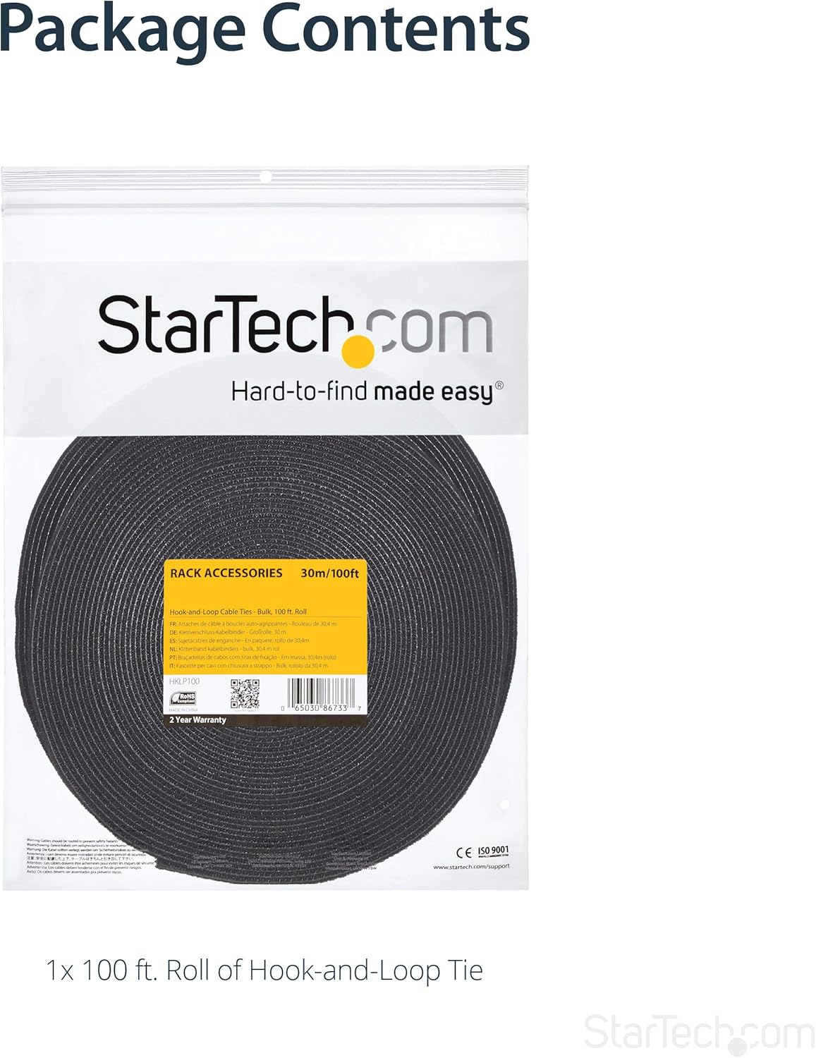 StarTech.com Hook and Loop Roll - Cut-to-Size Reusable Cable Ties - Black