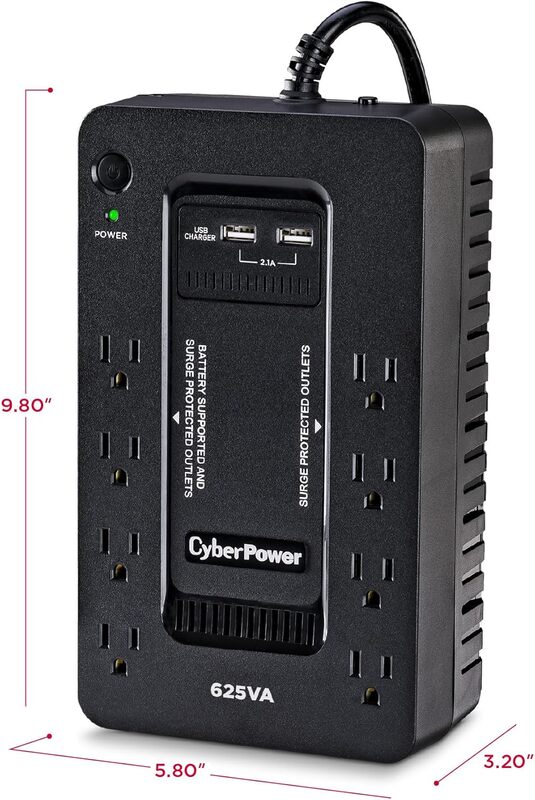 CyberPower ST625U Standby UPS System, 625VA/360W, 8 Outlets, 2 USB Charging Ports, Compact, Black