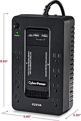 CyberPower ST625U Standby UPS System, 625VA/360W, 8 Outlets, 2 USB Charging Ports, Compact, Black