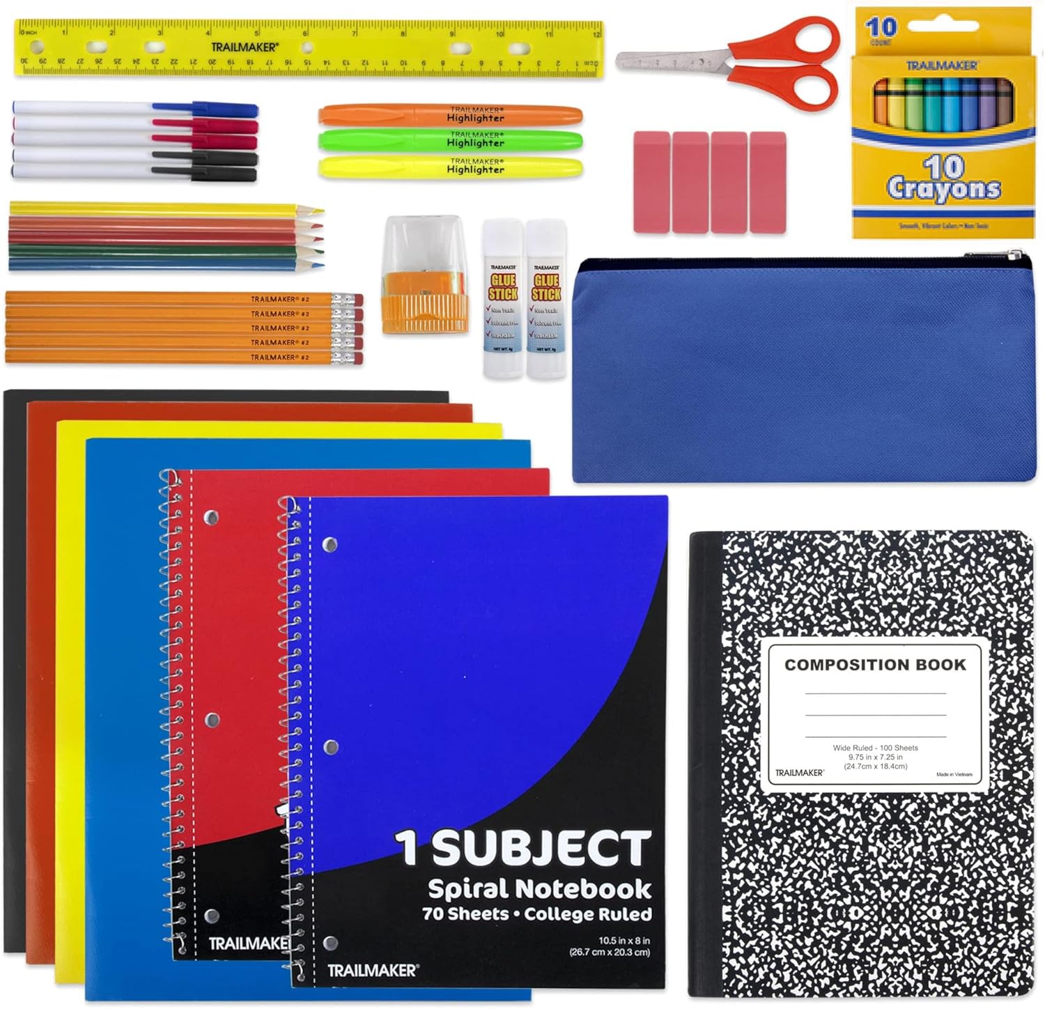 Trail maker 45 Piece School Supply Kit Grades K-12 - School Essentials Includes Folders Notebooks Pencils Pens and Much More!