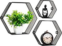Mind Reader Hexagon Floating Shelves, Wall Decor, Honeycomb Accent Shelf, Office, Metal Mesh, 14" L x 4" W x 12" H, Set of 3