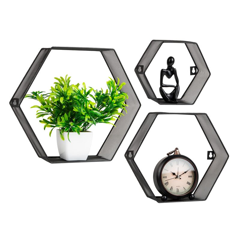 Mind Reader Hexagon Floating Shelves, Wall Decor, Honeycomb Accent Shelf, Office, Metal Mesh, 14" L x 4" W x 12" H, Set of 3