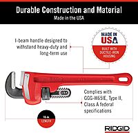 RIDGID 31010 Model 10 Heavy-Duty Straight Pipe Wrench, 10-inch Plumbing Wrench, Red, Black