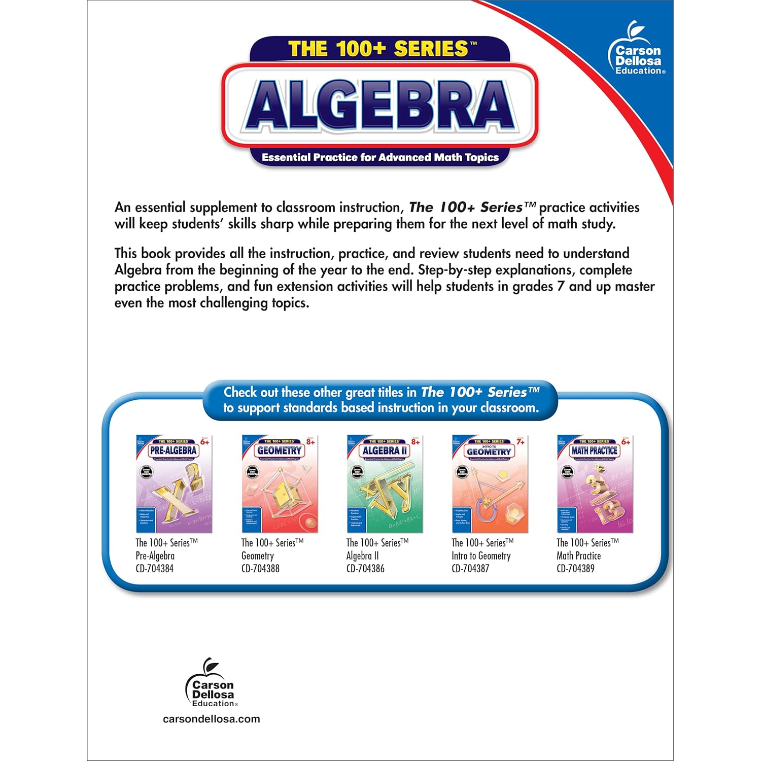 Carson Dellosa The 100 Series Algebra Workbook, Math Book for Grades 7 and Up Covering Fractions, Ratio