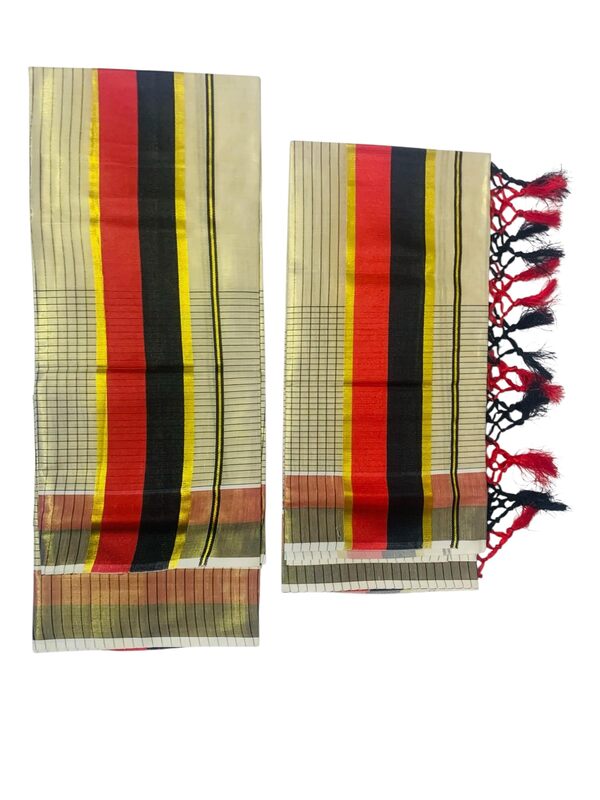 Women's Kuthampully Kerala Kasavu Set mundu Tissue with Kunjam | Kerala Tissue set mundu latest collections | Kuthampully Stripe Kasavu set mundu - Multi Color KTM-902 (Black)