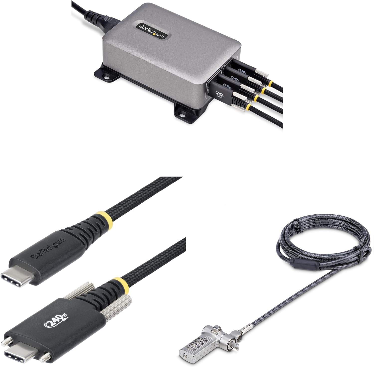 StarTech.com 4-Port Multi-Device USB-C Charger with Cable Lock and Screw-Locking 6ft (2m) USB-C Charging Cable, 240W Total