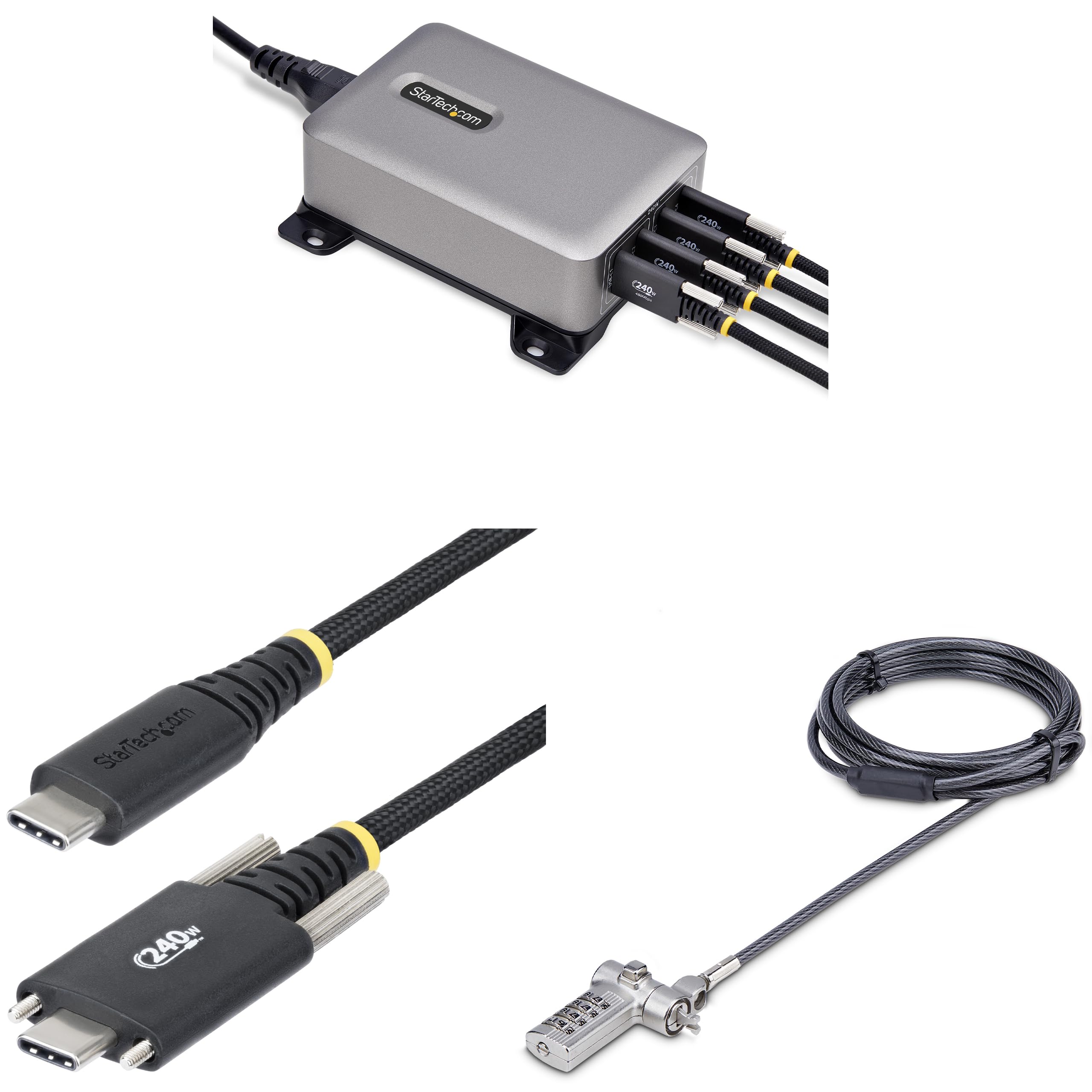 StarTech.com 4-Port Multi-Device USB-C Charger with Cable Lock and Screw-Locking 6ft (2m) USB-C Charging Cable, 240W Total