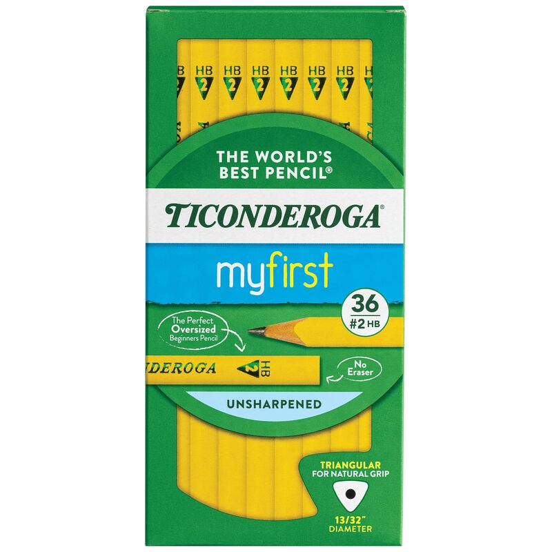 Ticonderoga My First Tri-Write Wood-Cased Pencils, Unsharpened, 2 HB Soft, Without Erasers, Yellow, 36 Count