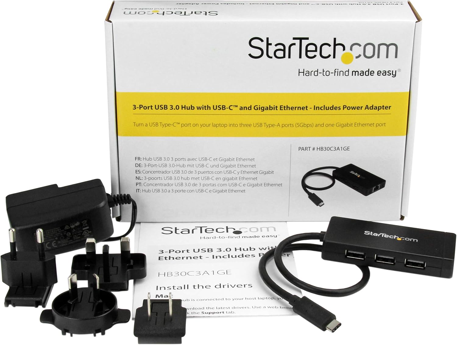 StarTech.com USB-C to Ethernet Adapter - Gigabit - 3 Port USB C to USB Hub and Power Adapter - Thunderbolt 3 Compatible