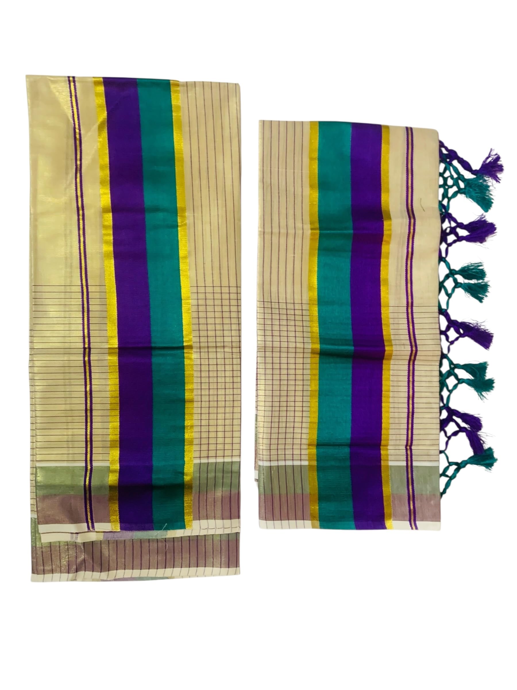 Women's Kuthampully Kerala Kasavu Set mundu Tissue with Kunjam | Kerala Tissue set mundu latest collections | Kuthampully Stripe Kasavu set mundu - Multi Color KTM-902 (Purple)