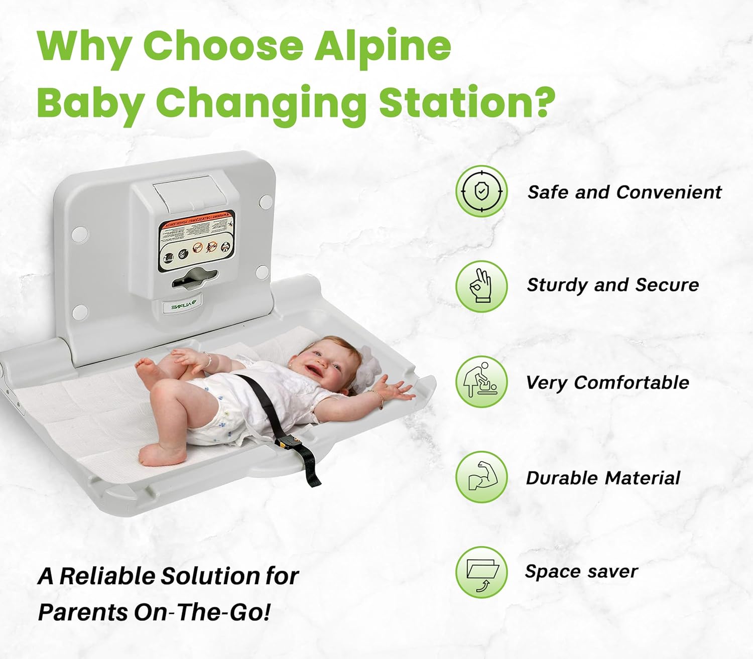 Alpine Wall Mounted Baby Changing Station - Horizontal Baby Changing Table Foldable Diaper Tables with Safety Strap