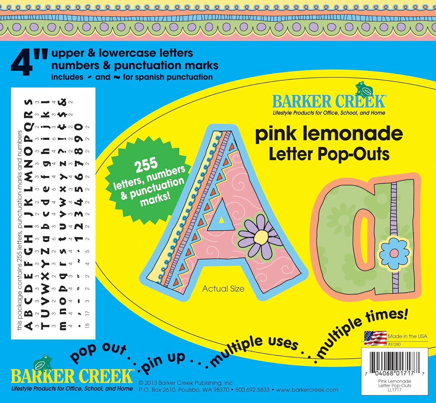 Barker Creek Letter Pop-Outs, 4" Pink Lemonade, Multicolor Designer Letters for Bulletin Boards, Breakrooms, Reception Areas