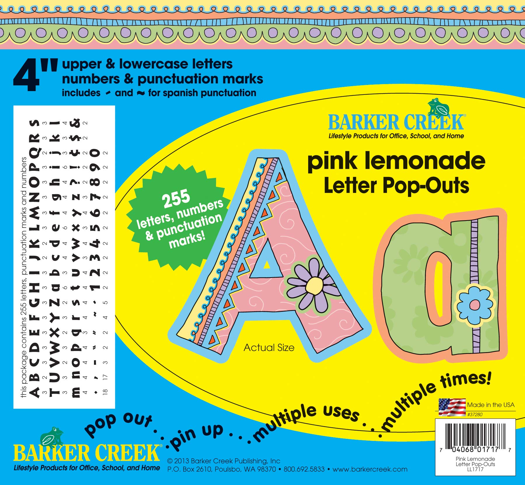 Barker Creek Letter Pop-Outs, 4" Pink Lemonade, Multicolor Designer Letters for Bulletin Boards, Breakrooms, Reception Areas
