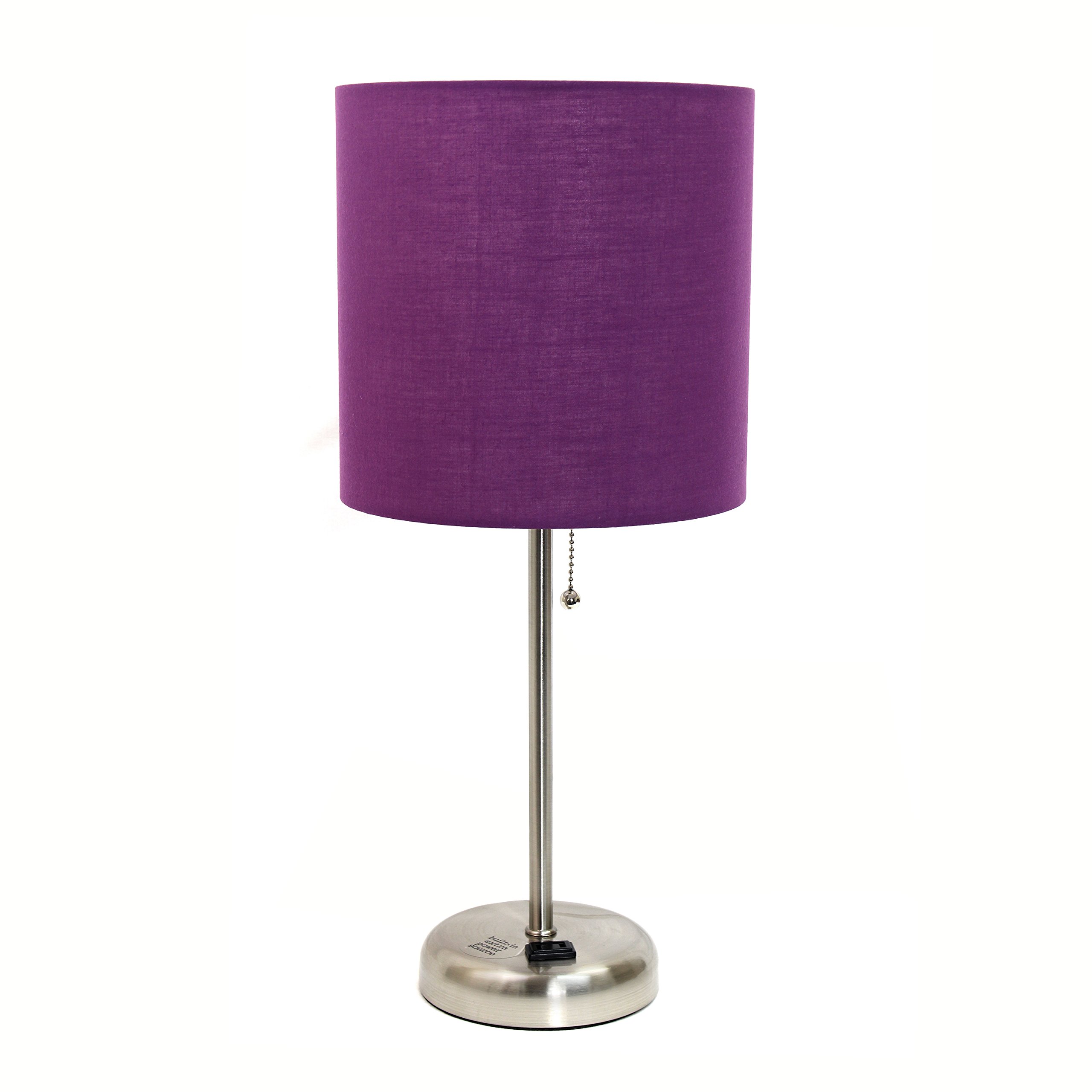 SIMPLE DESIGNS LT2024 Brushed Steel Stick Table Desk Lamp with Charging Outlet and Drum Fabric Shade