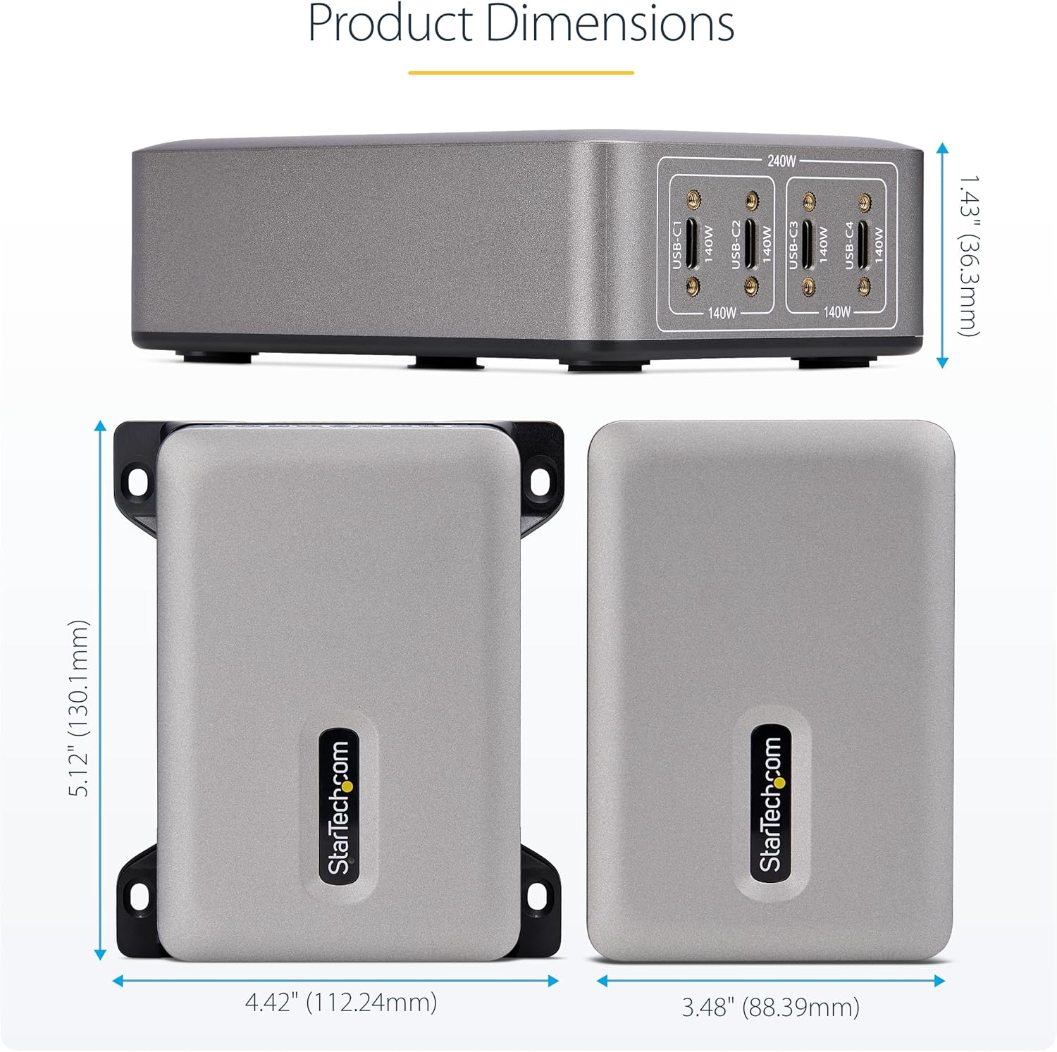 StarTech.com 4-Port Multi-Device USB-C Charger with Cable Lock and Screw-Locking 6ft (2m) USB-C Charging Cable, 240W Total