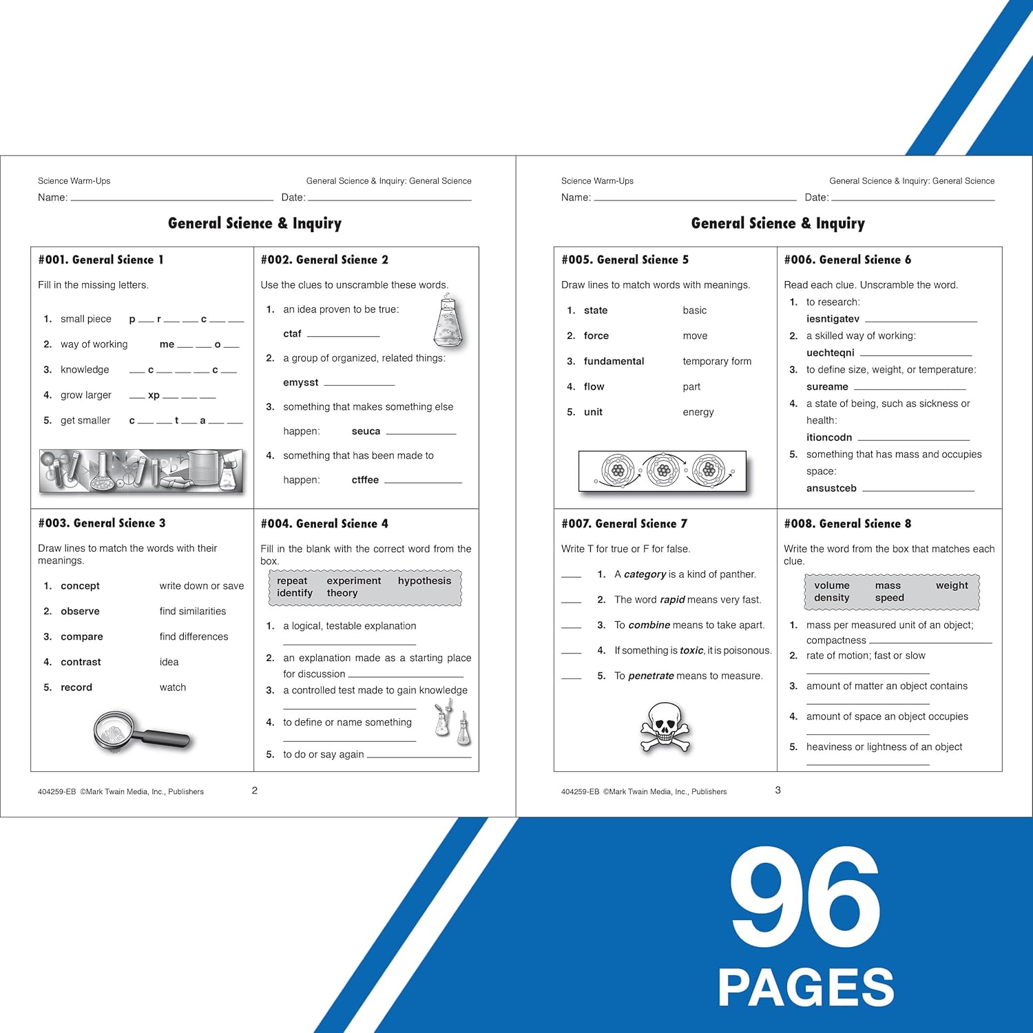 Mark Twain Science Warm-Ups Activity Book, Workbook for Grades 5 and Up, Space, Technology, Earth, Life, Anatomy, Physics