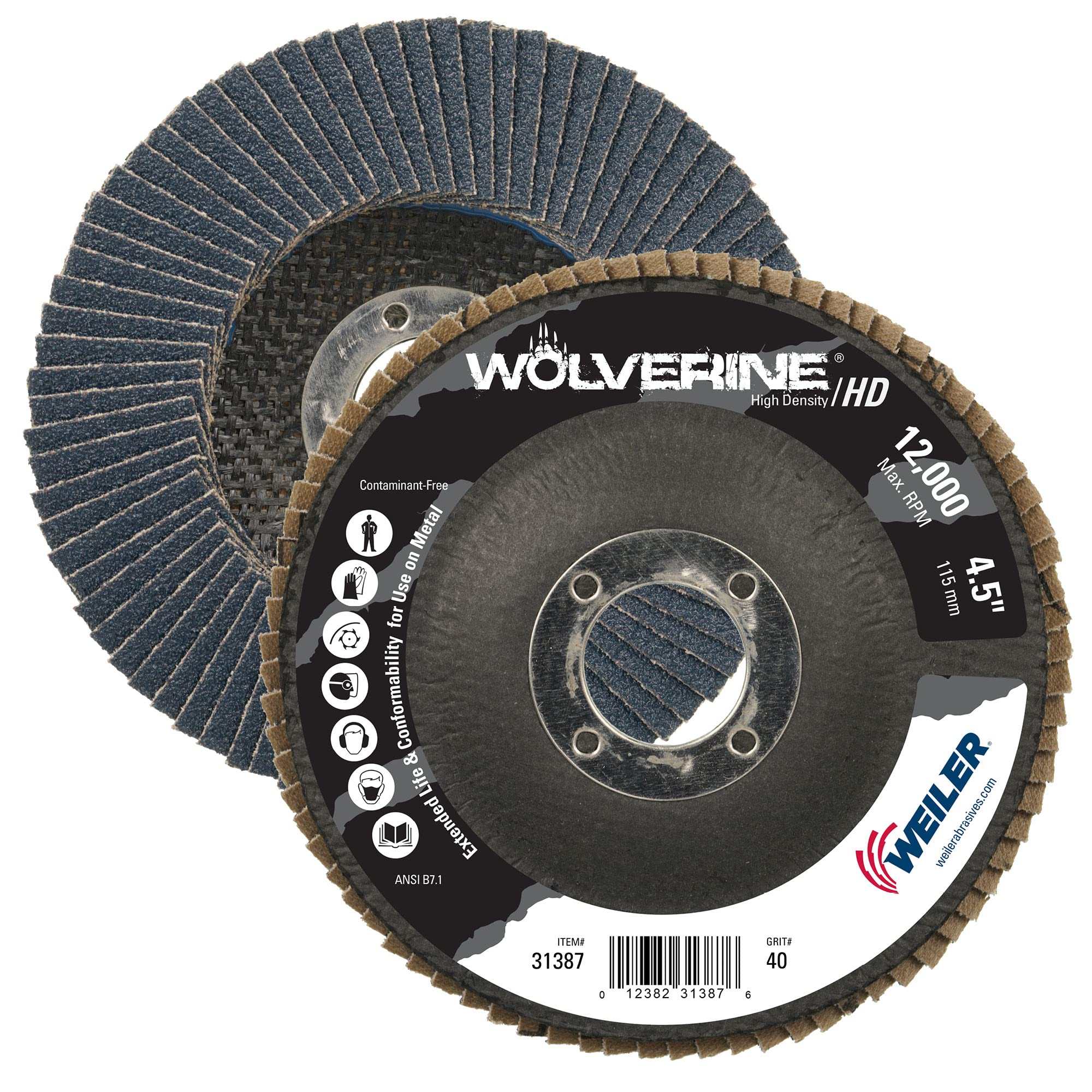 Weiler 31387 Wolverine 4-1/2" x 7/8" Arbor Hole Abrasive Flap Disc, 40 Grit Zirconia Alumina, Flat Type 27, Phenolic Backing