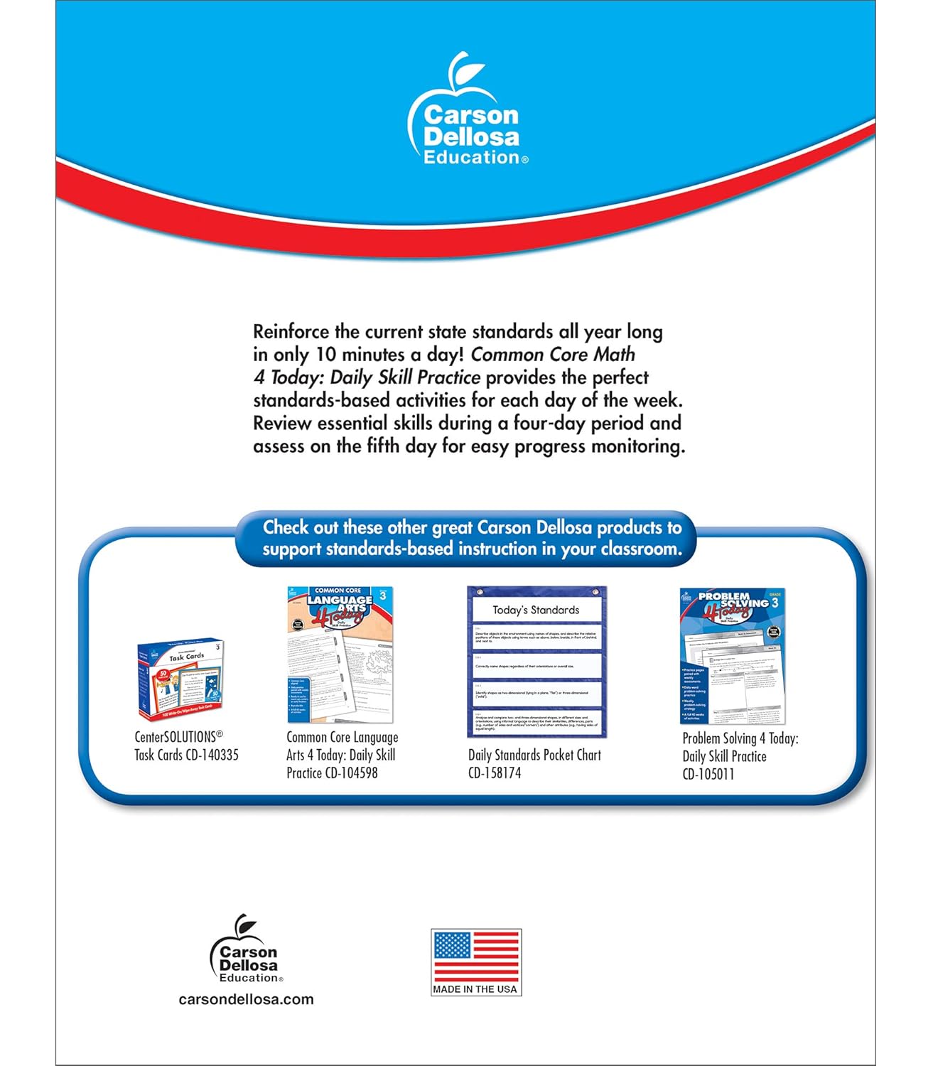Carson Dellosa Common Core Math 4 Today 3rd Grade Workbooks, Telling Time, Fractions, Addition, Subtraction, Multiplication