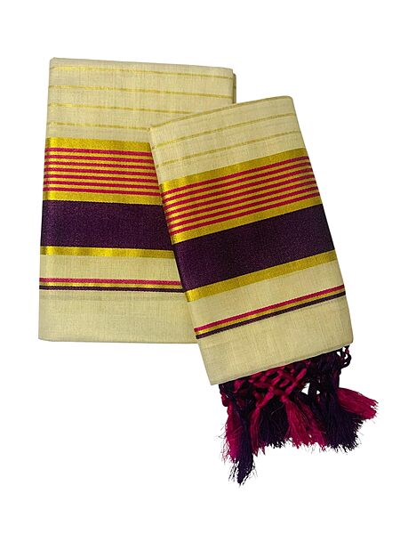 Women's Kuthampully Kerala Kasavu Set mundu Tissue Stripe with Kunjam | Kerala Tissue set mundu onam latest collections | Stripe Kasavu set mundu - Multi Color KTM-912 (Wine Red)