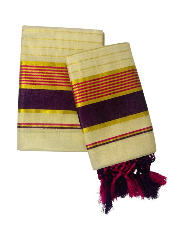 Women's Kuthampully Kerala Kasavu Set mundu Tissue Stripe with Kunjam | Kerala Tissue set mundu onam latest collections | Stripe Kasavu set mundu - Multi Color KTM-912 (Wine Red)