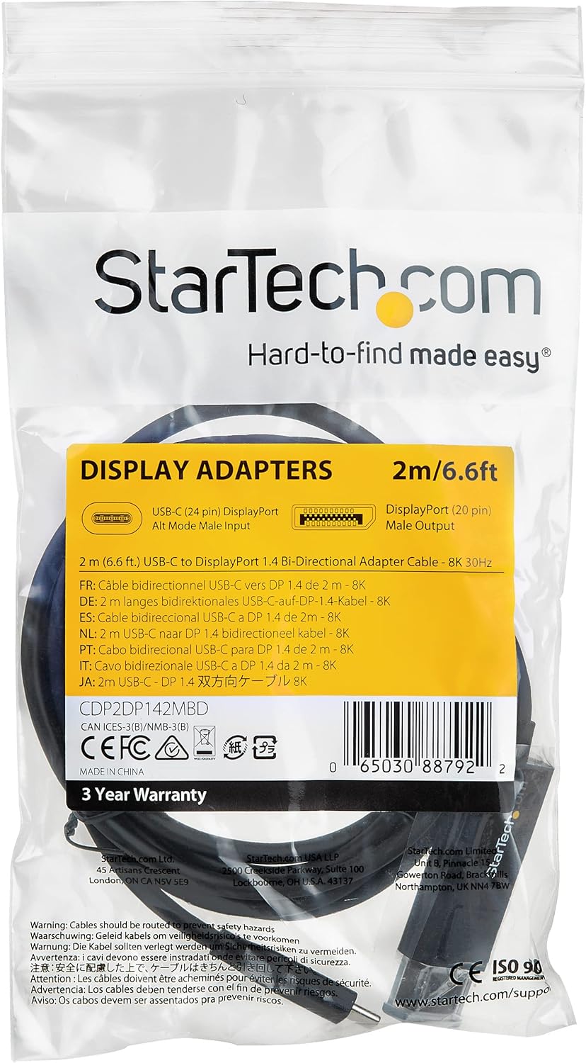 6.6 ft. (2 m) USB-C to DisplayPort 1.4 Cable - Bi-Directional