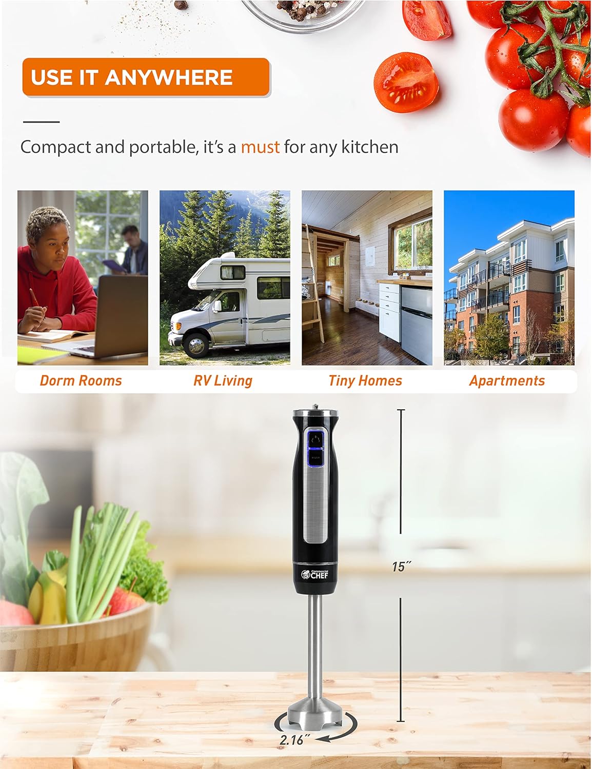 COMMERCIAL CHEF Immersion Blender, Multi-Purpose Immersion Hand Blender with Stainless Steel Blade