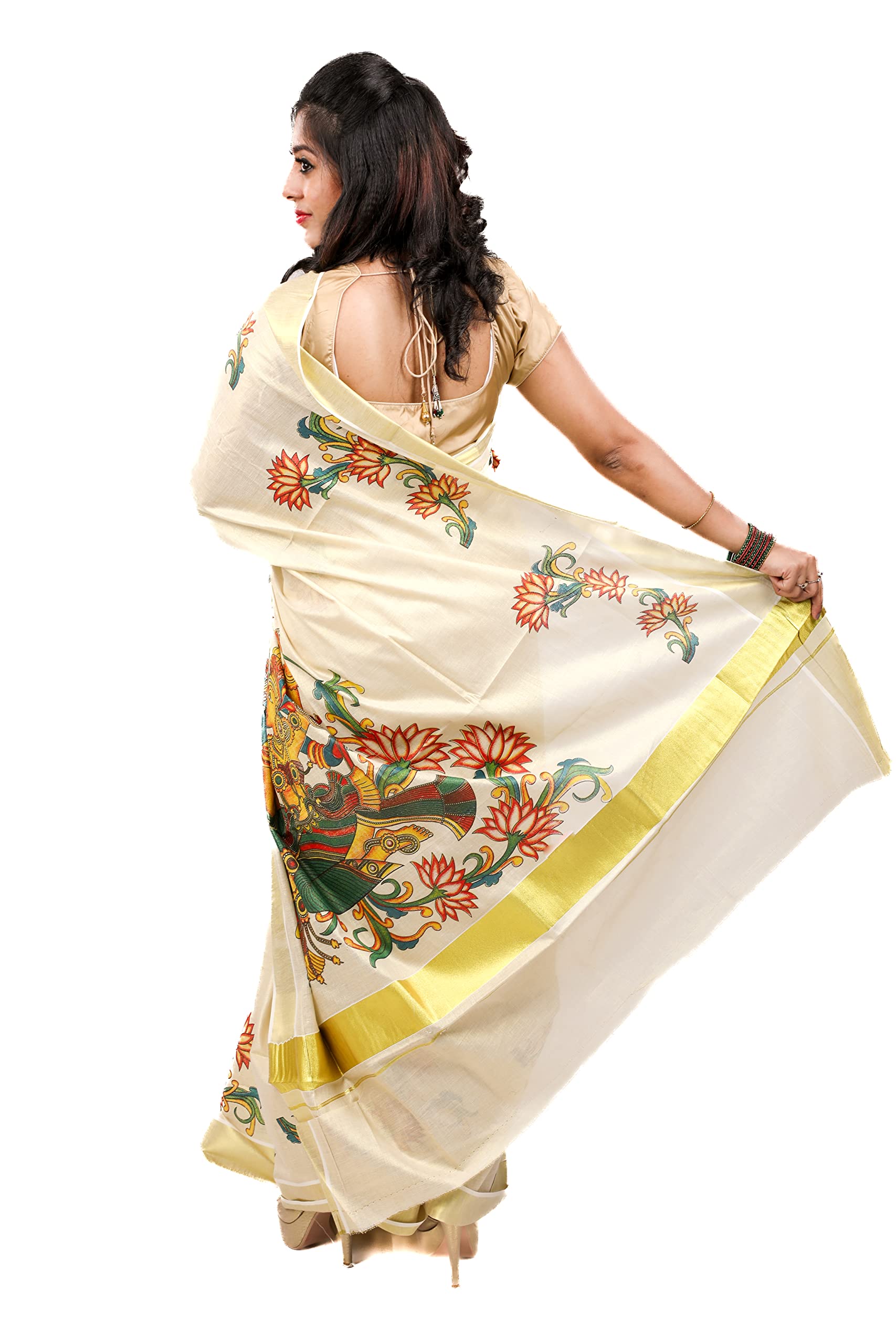 Kuthampully Kerala Kasavu Saree Tissue Mural Painted | Traditional South Indian Saree | Onam Saree - Multi Color KTM-643