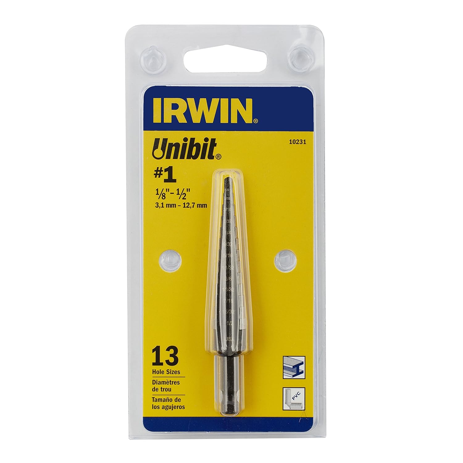 Irwin Tools IRWIN Step Drill Bit, 1/8-Inch to 1/2-Inch Step, 1/4-Inch Shank (10231) Silver|Silver metallic 1/2 inches