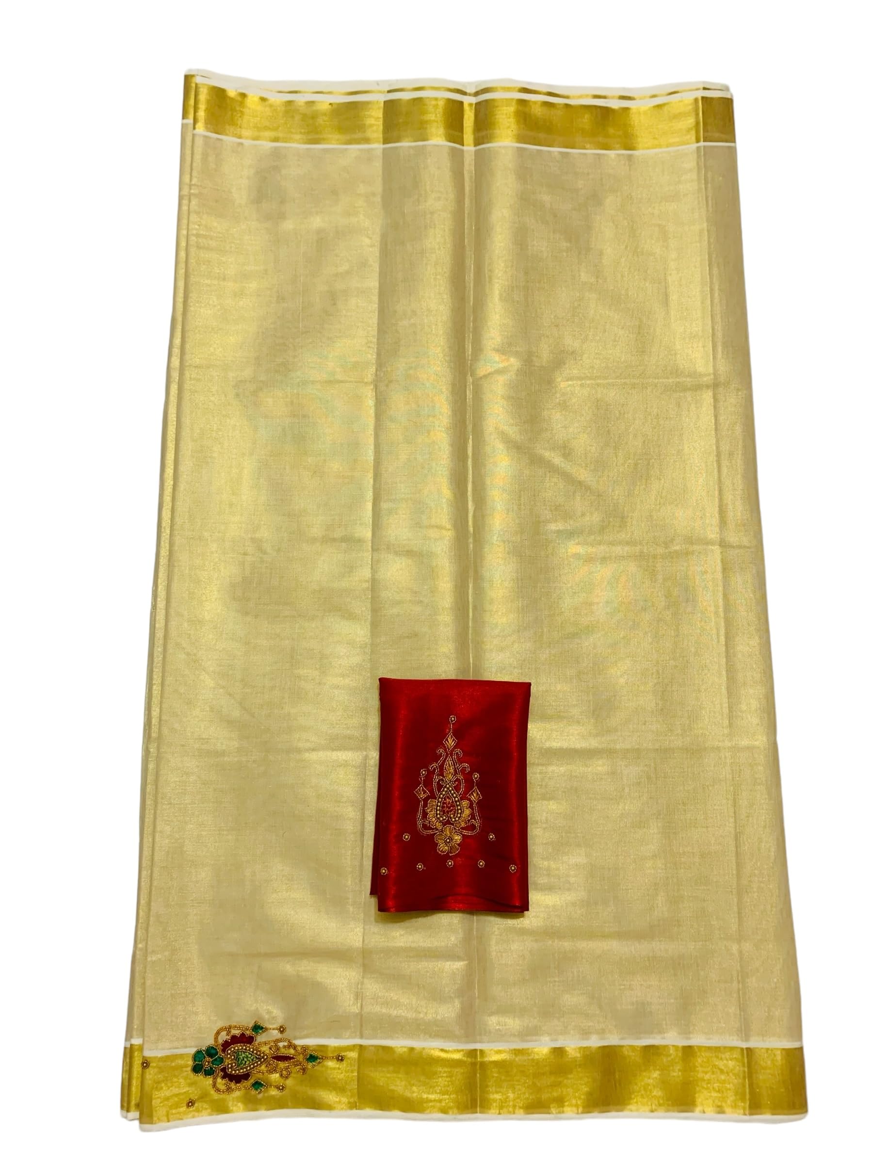 Kuthampully Kerala Kasavu Sarees For Women | Handcrafted Aari work Kerala Sarees | Tissue Onam Saree With Running Blouse | South Indian Sarees | Onam Saree EKM-837 (Maroon)