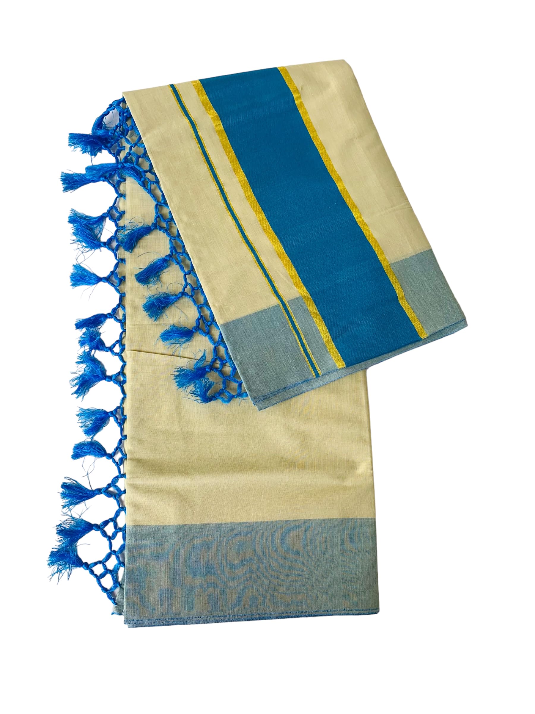 ALLUVY Kuthampully Kerala Saree |Traditional South Indian Sarees |Onam Tissue Kasavu Saree |Authentic South Cultural Sarees | Women's Plain Zari Kasavu |EKM-778 Pack -1 (Light Blue)