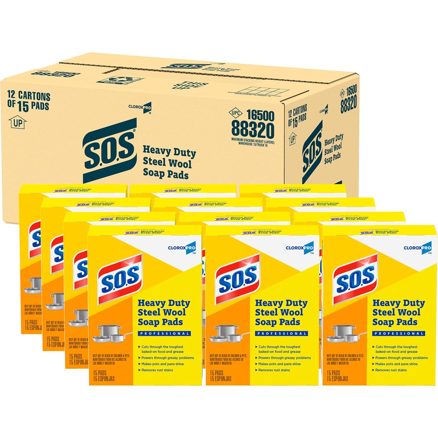 CloroxPro S.O.S Steel Wool Soap Pads, 15 Ct., Pack of 12 (Pack May Vary)