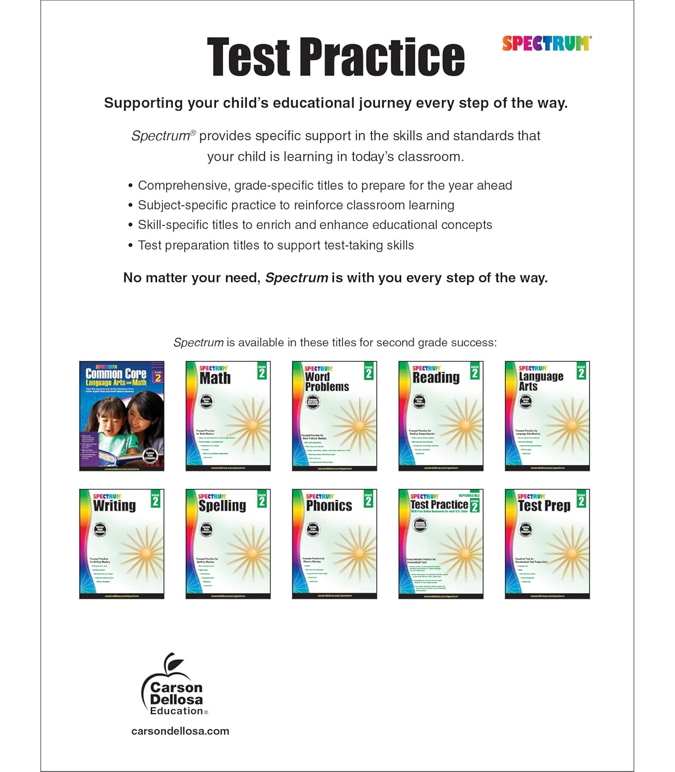 Spectrum Test Prep Grade 2 Workbook, Ages 7-8, Reading Comprehension, Language Arts & Math Workbook, Grammar, Vocabulary