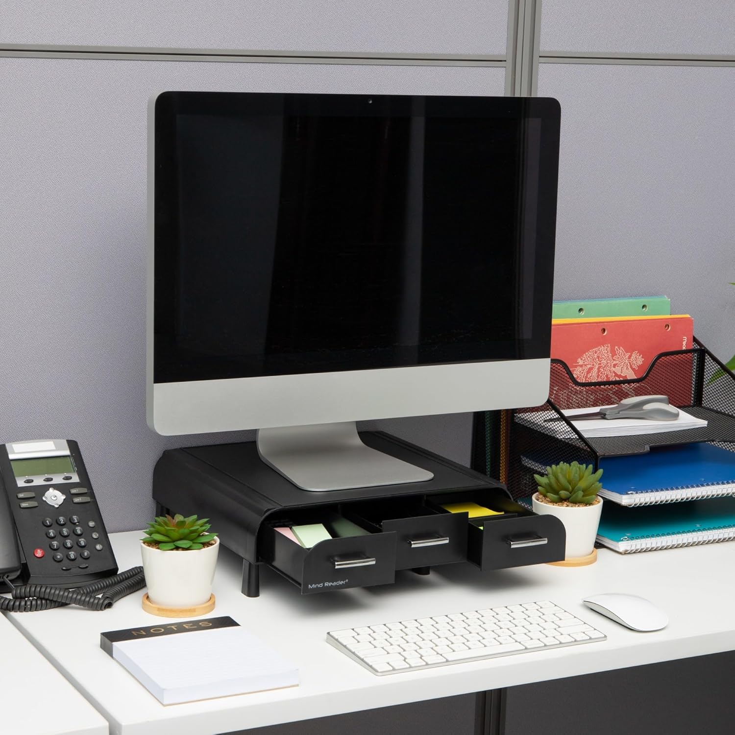 MIND READER Monitor Stand, Desktop Organizer with 3 Drawers, Plastic Riser, 13.5"L x 13"W x 4"H