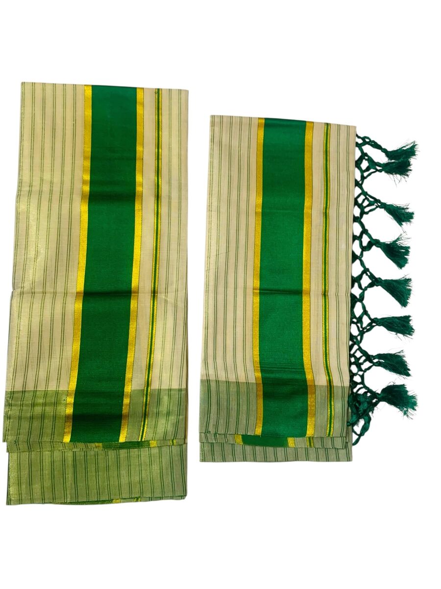 Women's Kuthampully Kerala Kasavu Set mundu Tissue with Kunjam | Kerala Tissue set mundu latest collections | Kuthampully Stripe Kasavu set mundu - Multi Color KTM-901 (Green)
