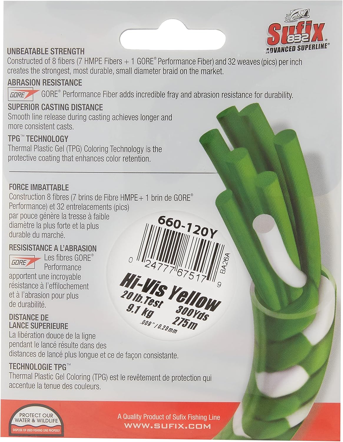 Sufix 832 Advanced Superline Braid, Hi-Vis Yellow, 20-Pound/300-Yard Spool (660-120Y)